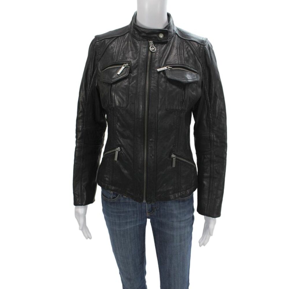 Michael Michael Kors Womens Motorcycle Leather Jacket Black Zip Size M